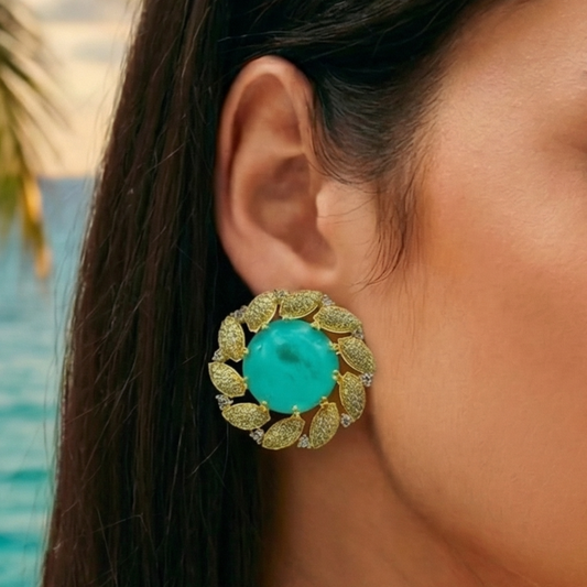 Paraiba Emerald Diamond Leaf Gold Studs