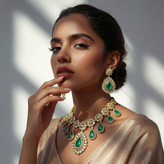 Emerald Garden Polki Fringe Necklace & Earrings Set