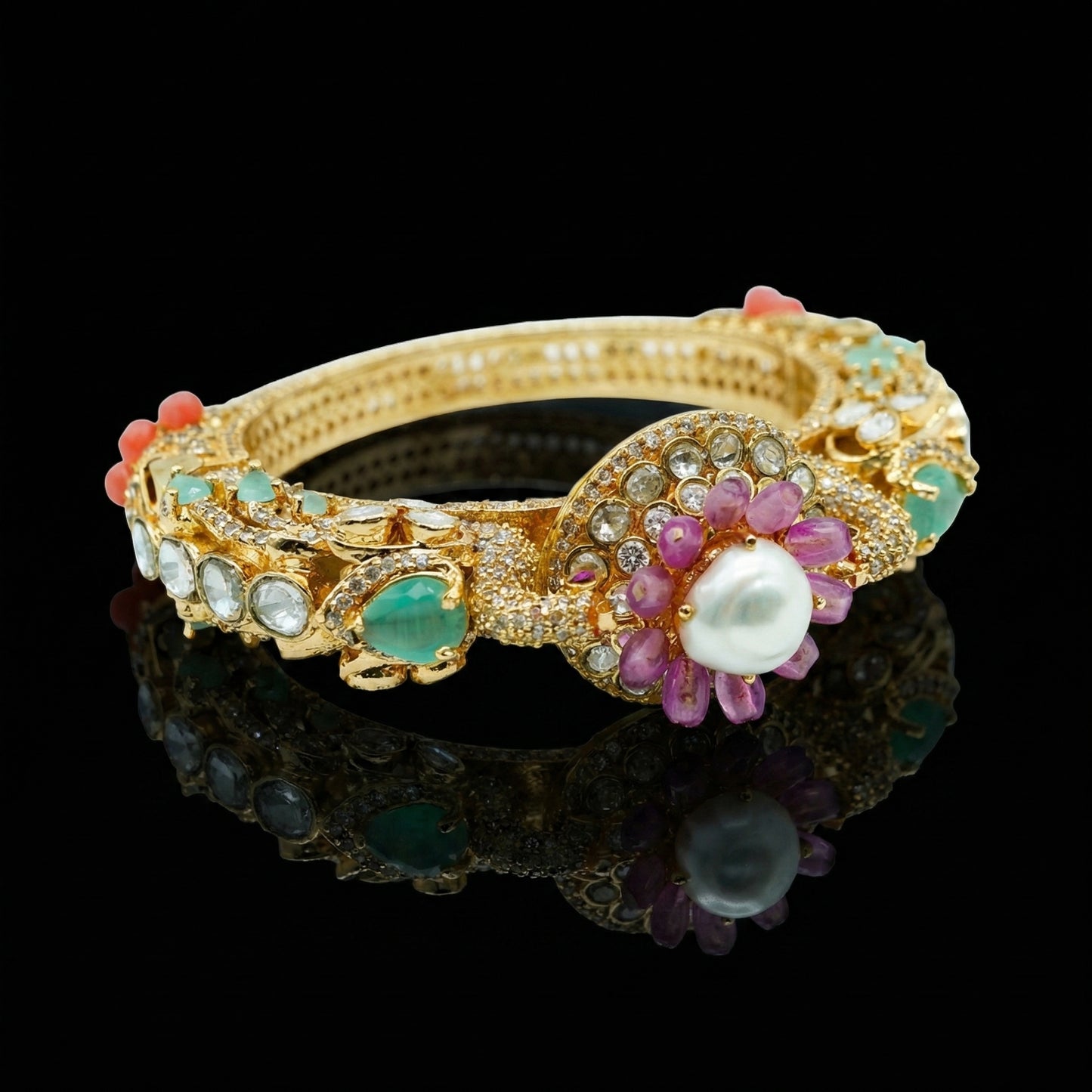Pearl Ruby Emerald Floral Gold Bracelet
