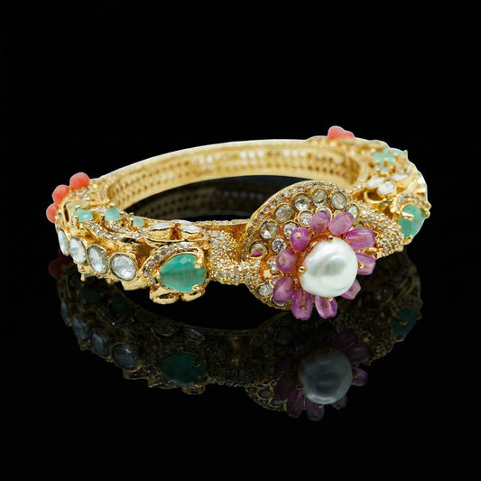 Pearl Ruby Emerald Floral Gold Bracelet
