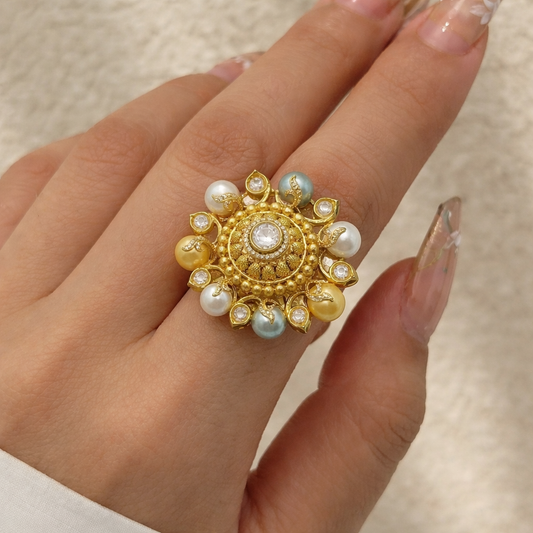 Pearl Polki Floral Antique Gold Ring