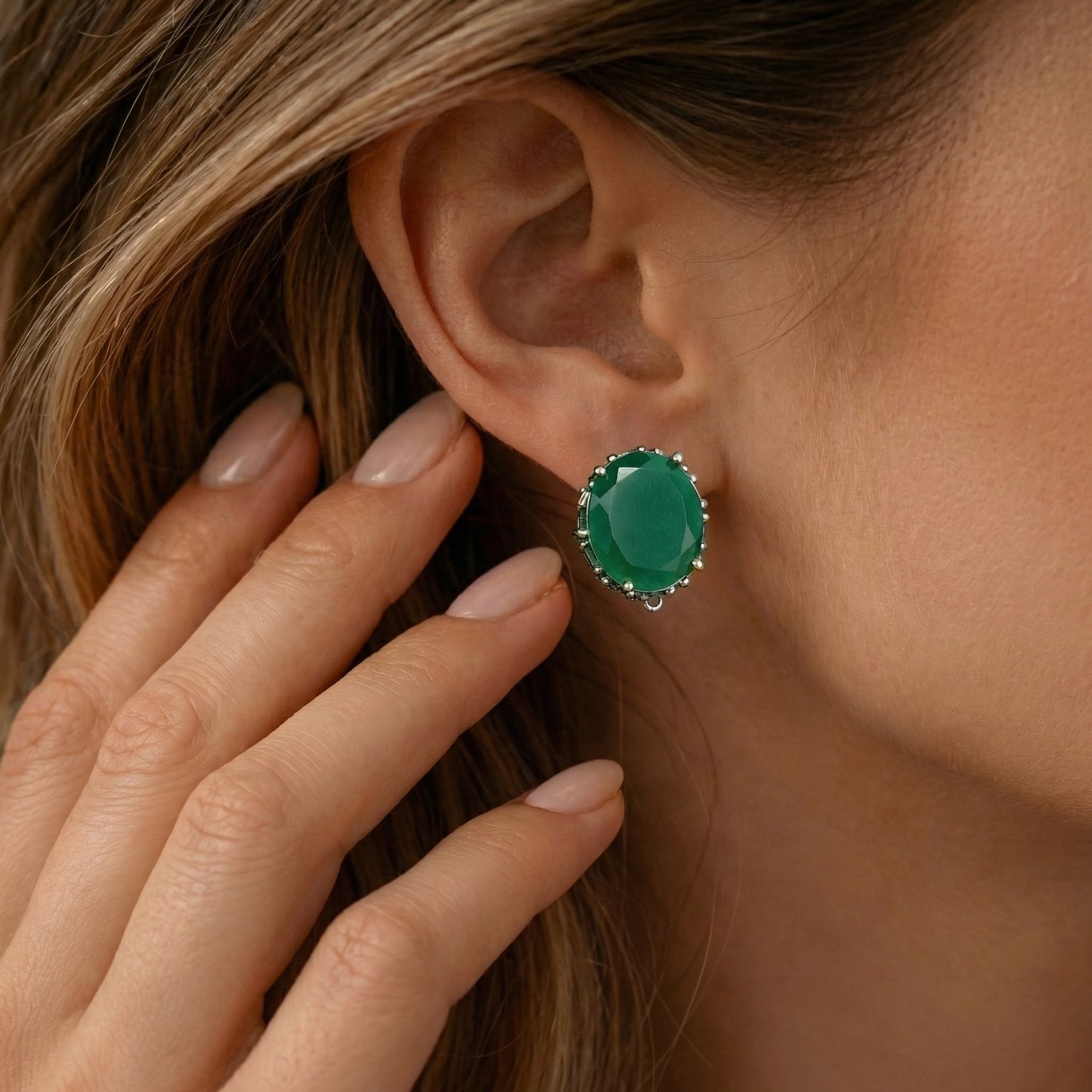 Emerald Oval Baguette Gold Stud Earrings