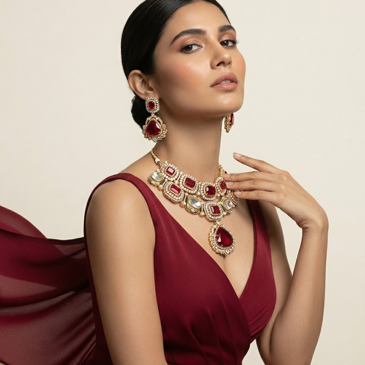 Crimson Royale Polki Choker & Earrings Set