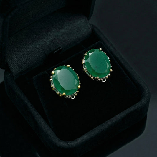 Emerald Oval Baguette Gold Stud Earrings