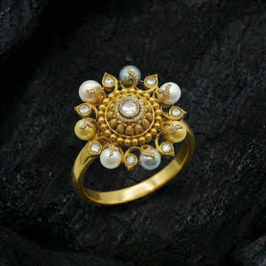 Pearl Polki Floral Antique Gold Ring
