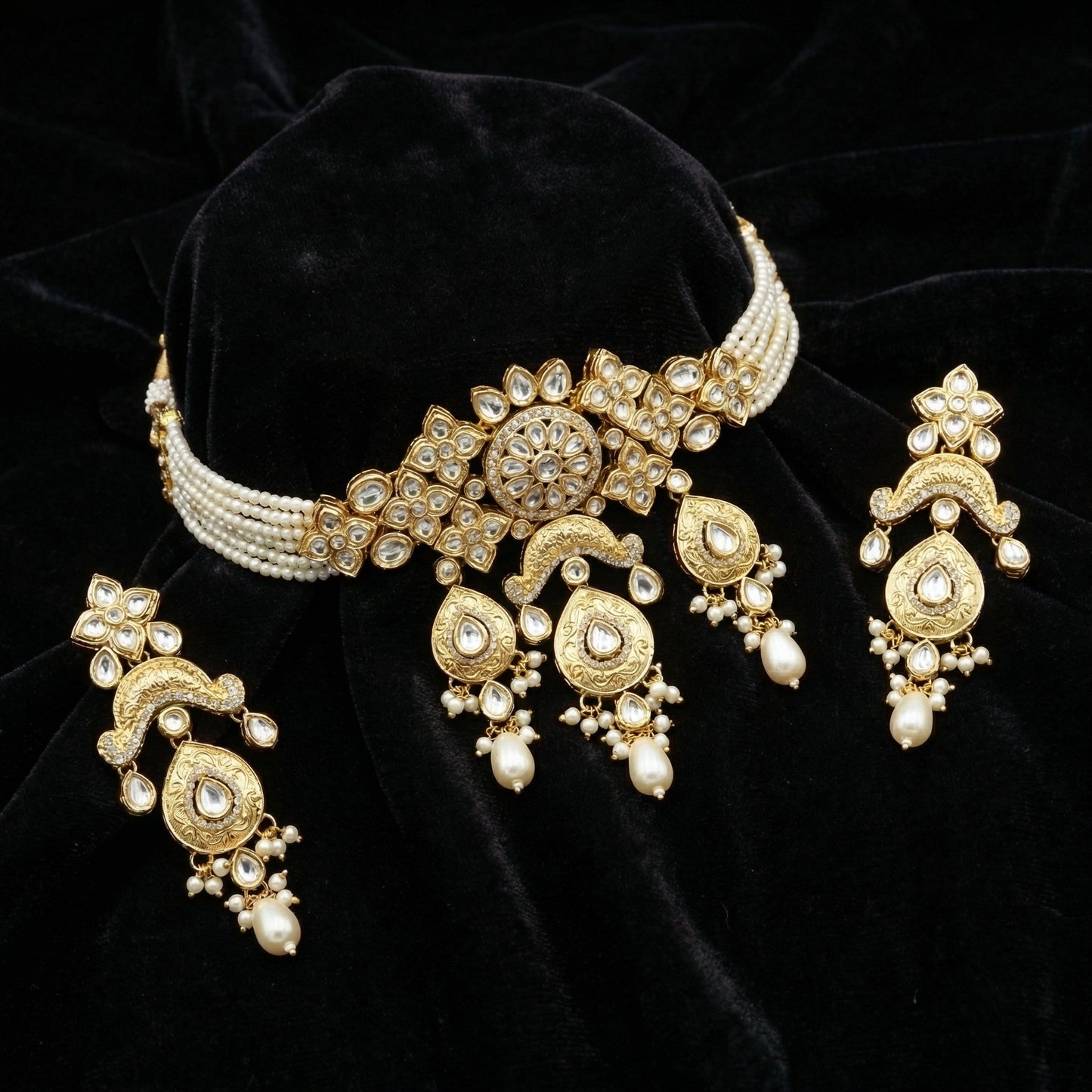 Ivory Pearl & Polki Mandala Choker Set with Earrings