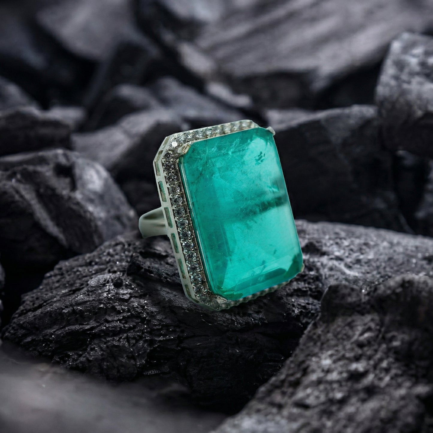 Paraiba Emerald Diamond Solitaire Silver Ring
