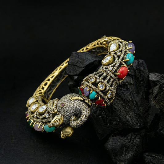 Elephant Head Multicolour Diamond Gold Bangle
