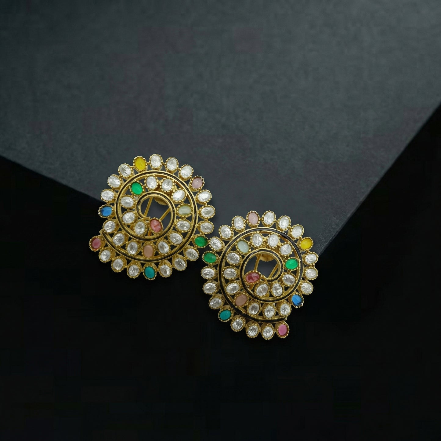 Navaratna Polki Multicolour Gold Stud Earrings