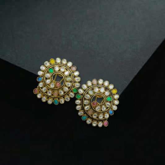 Navaratna Polki Multicolour Gold Stud Earrings
