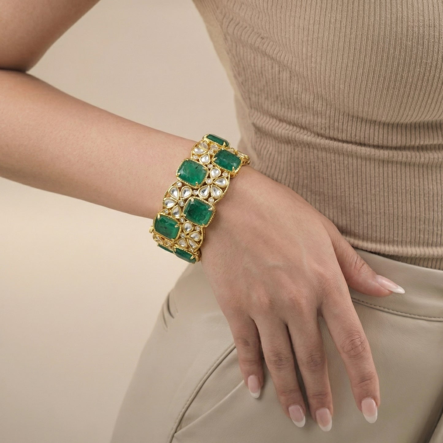 Emerald Cushion Polki Floral Gold Bracelet