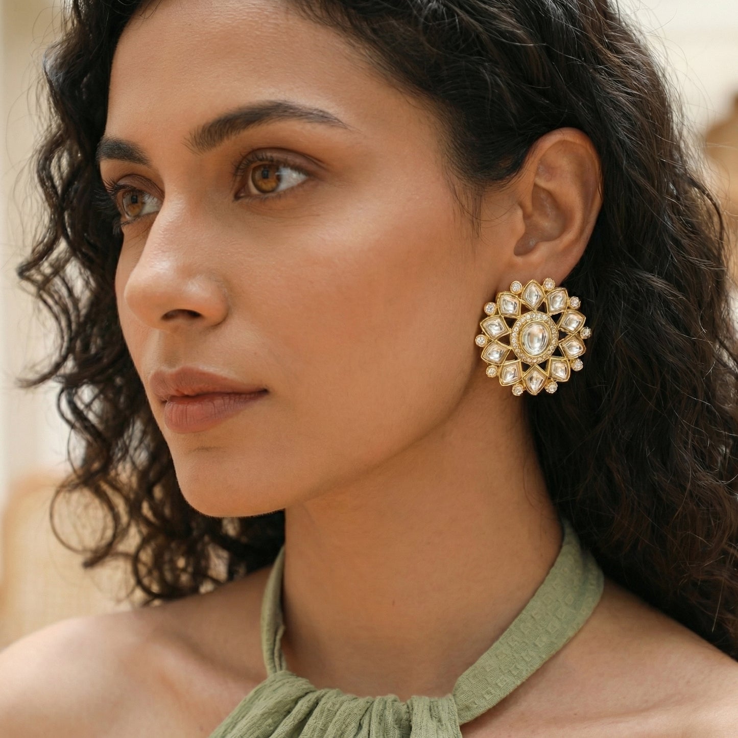 Polki Diamond Floral Gold Stud Earrings