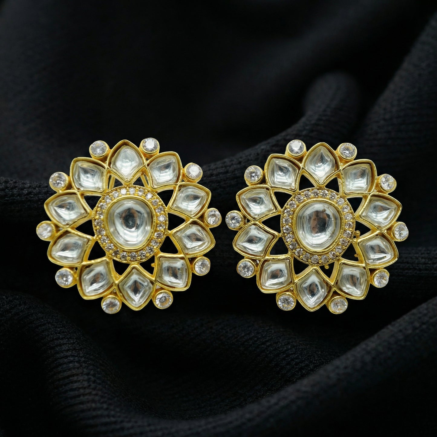 Polki Diamond Floral Gold Stud Earrings
