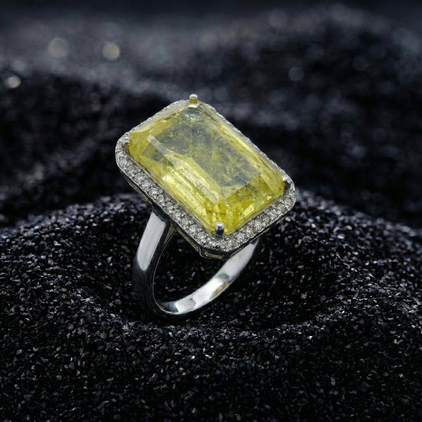 Yellow Sapphire Diamond Halo Silver Ring