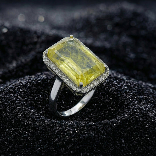 Yellow Sapphire Diamond Halo Silver Ring