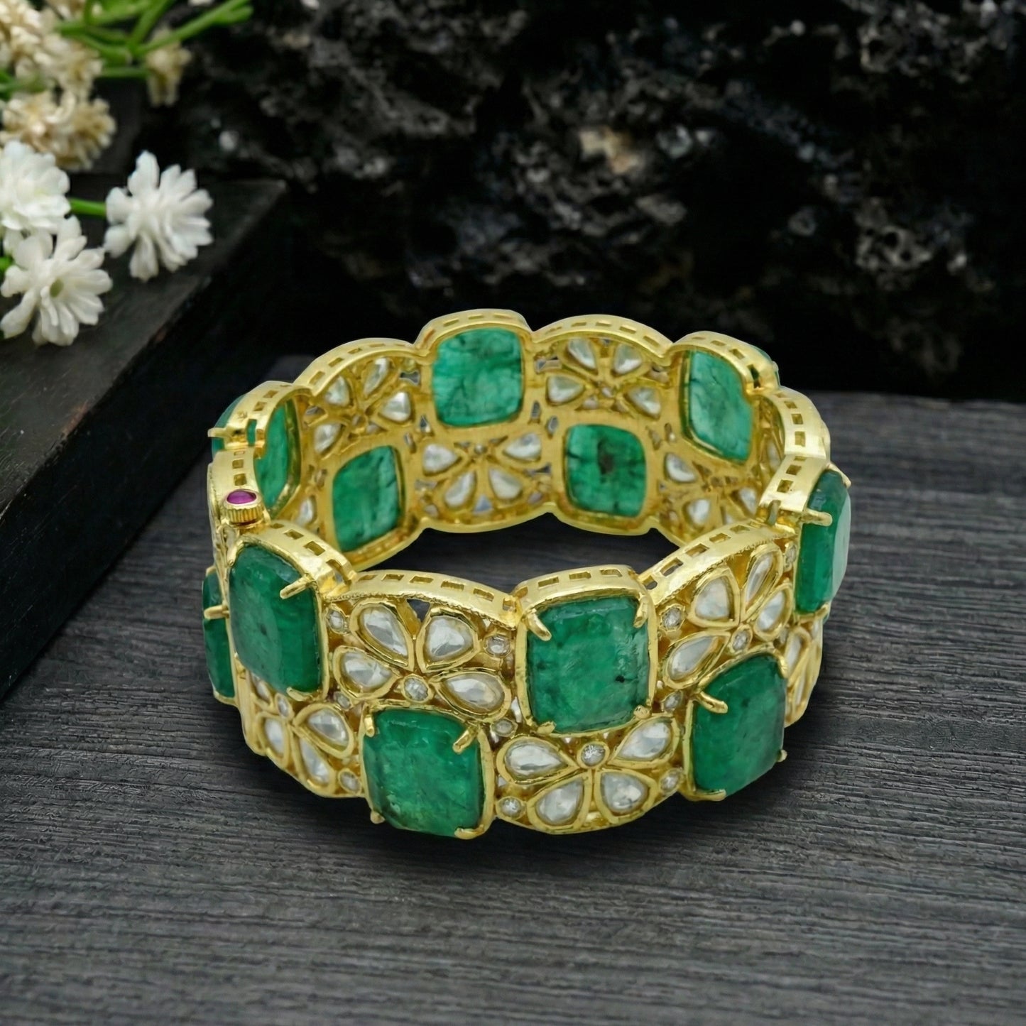Emerald Cushion Polki Floral Gold Bracelet