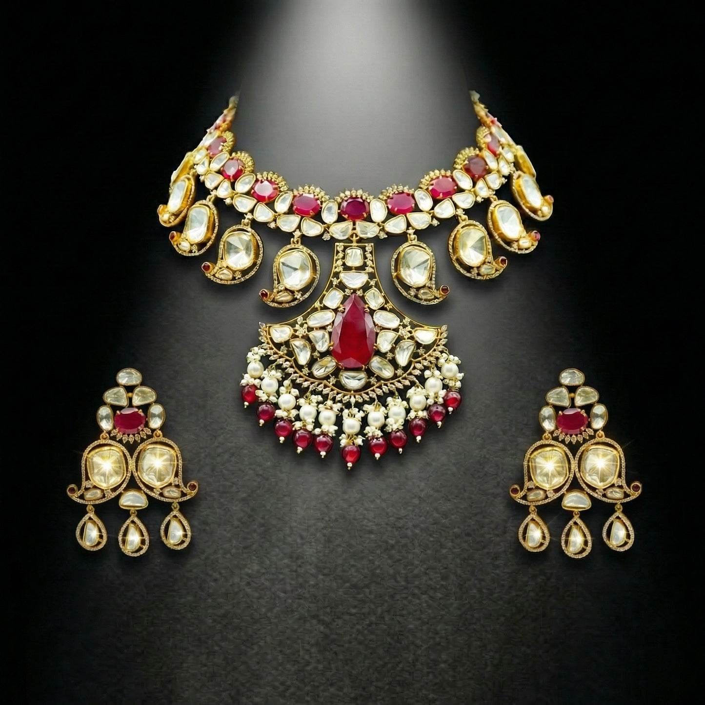 22 C GOLD PLATING Ruby Blossom Polki Chandelier Necklace & Earrings Set