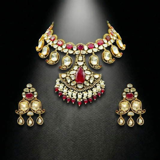 22 C GOLD PLATING Ruby Blossom Polki Chandelier Necklace & Earrings Set