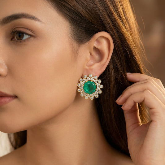 Emerald Diamond Sunburst Gold Stud Earrings