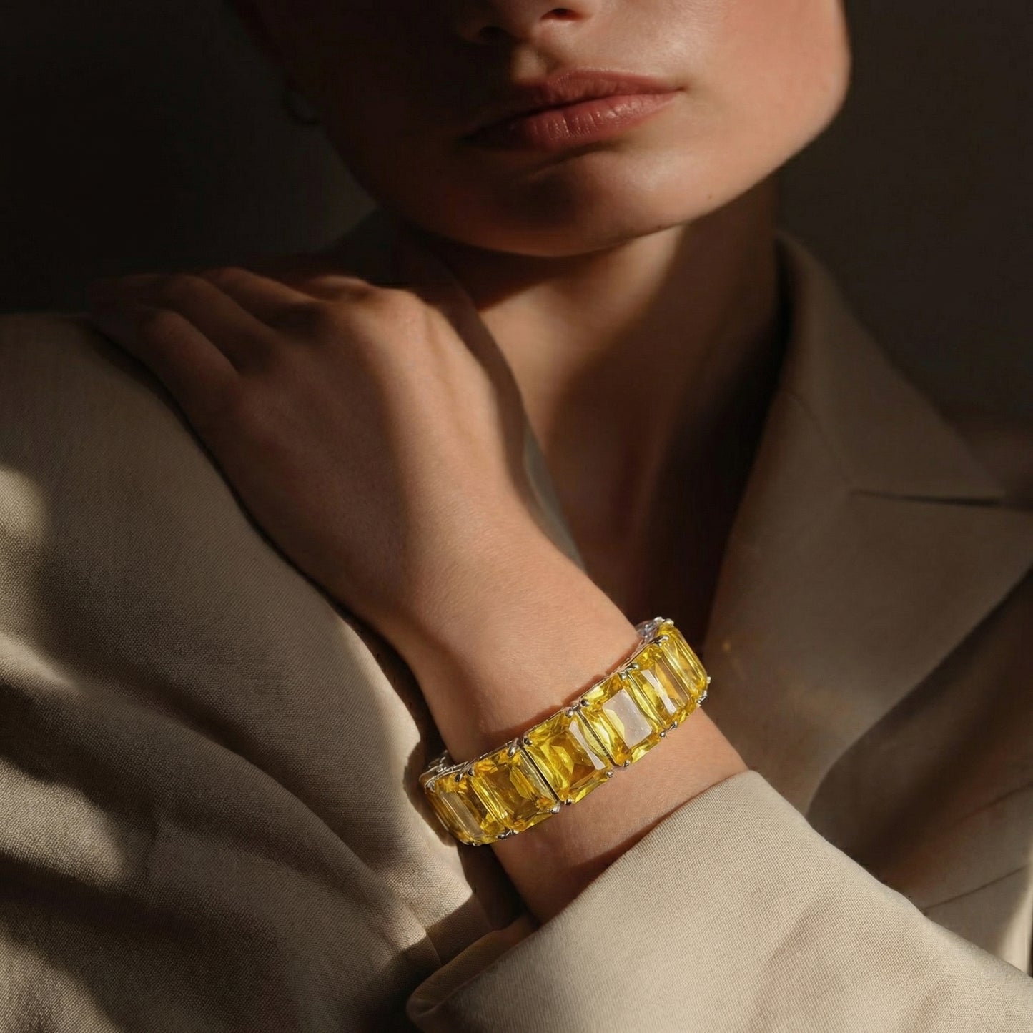 Citrine Emerald Cut Silver Tennis Bangle