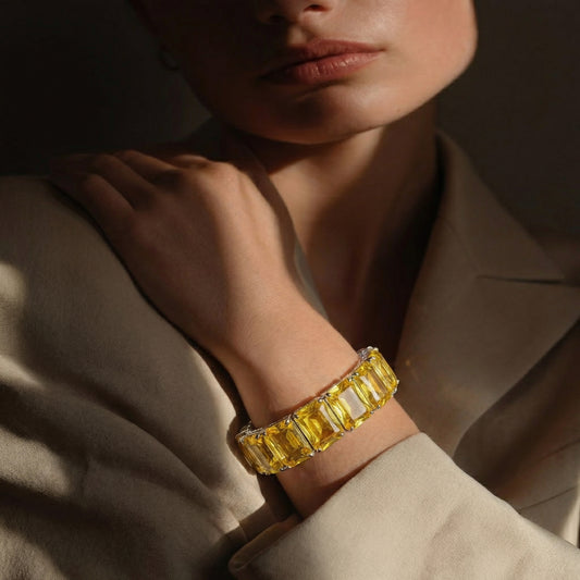 Citrine Emerald Cut Silver Tennis Bangle