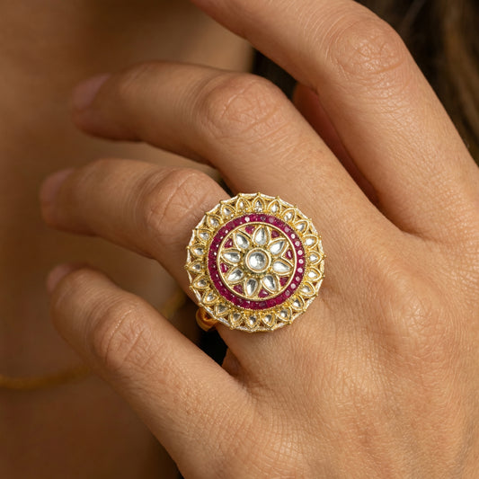 Ruby Polki Pearl Floral Gold Ring