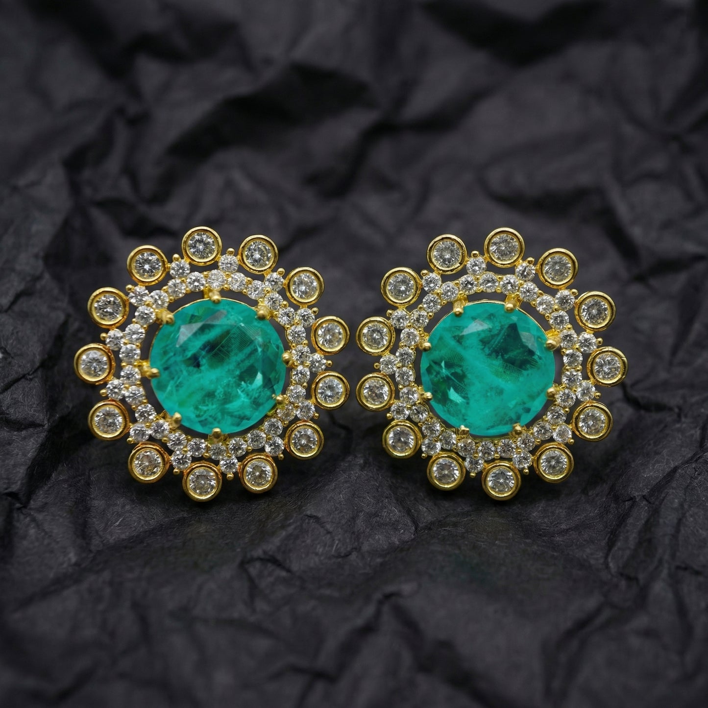 Emerald Diamond Sunburst Gold Stud Earrings
