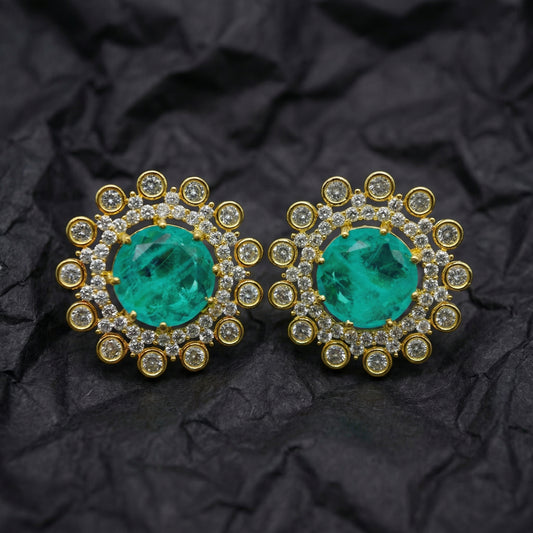 Emerald Diamond Sunburst Gold Stud Earrings