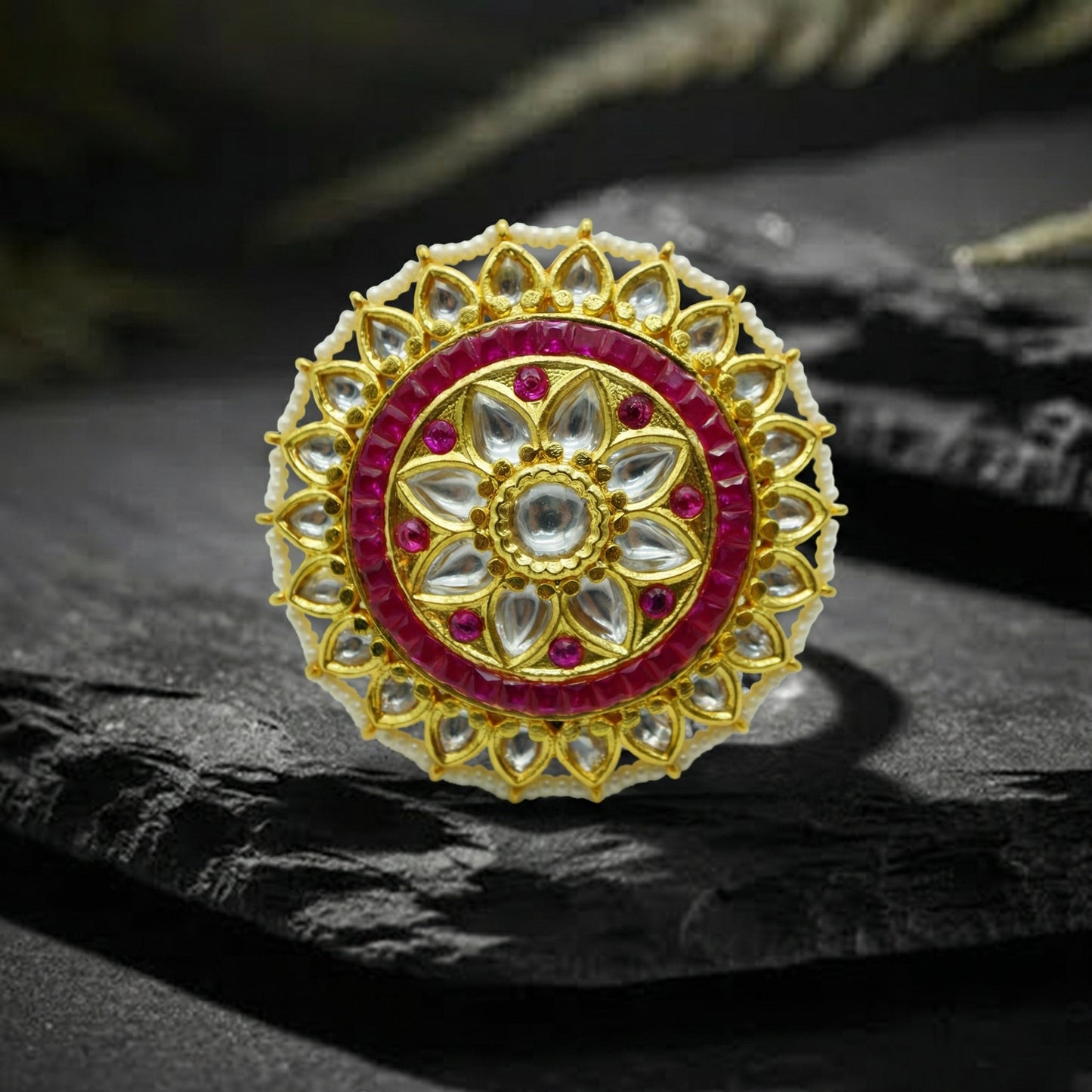 Ruby Polki Pearl Floral Gold Ring