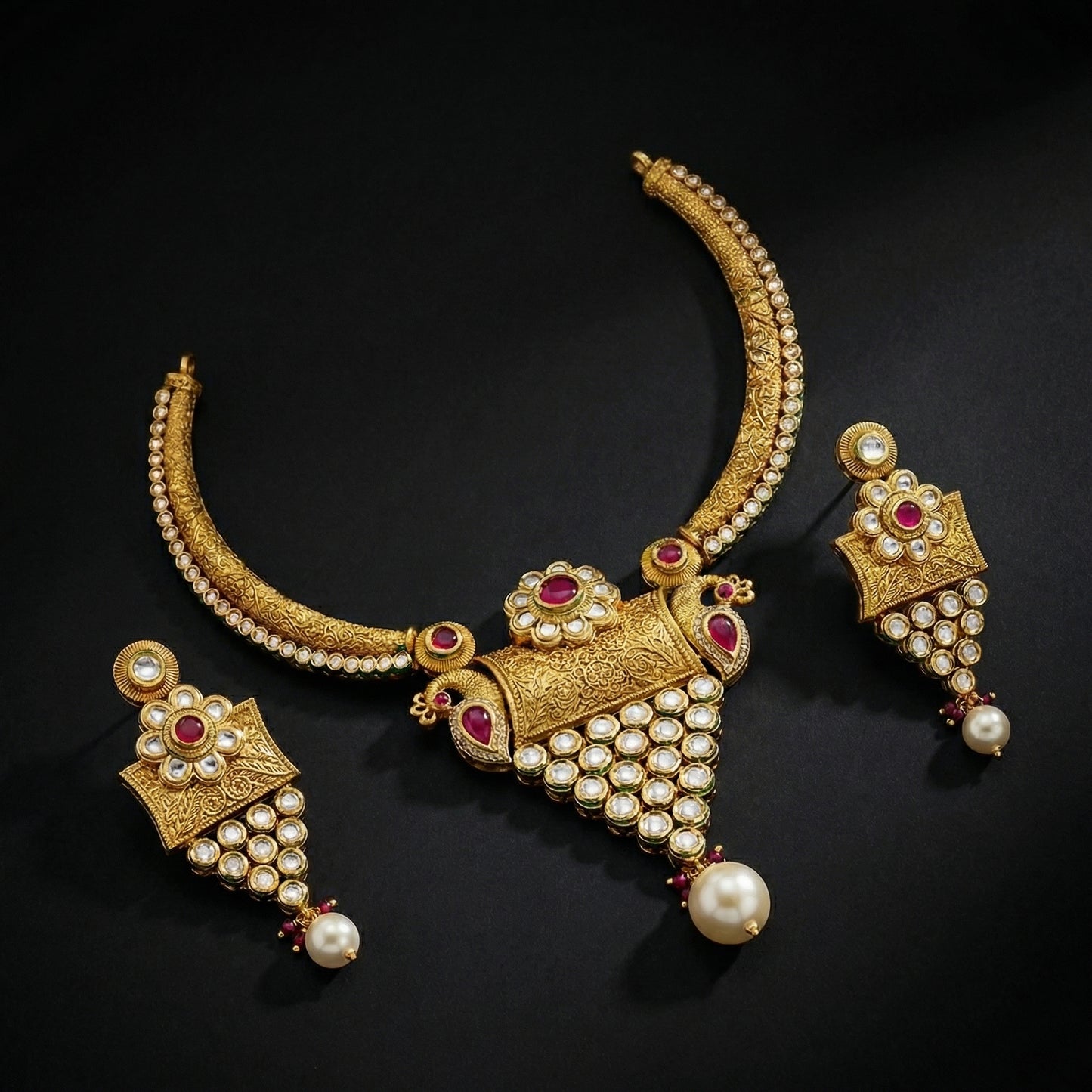 Golden Peacock Antique Polki Choker & Earrings Set