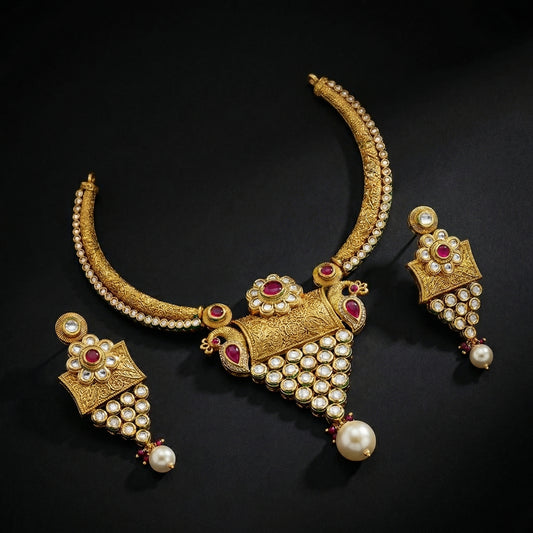 Golden Peacock Antique Polki Choker & Earrings Set