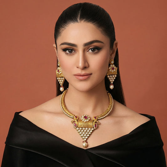 Golden Peacock Antique Polki Choker & Earrings Set