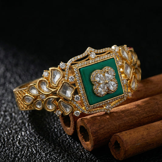 Malachite Polki Diamond Floral Gold Bangle