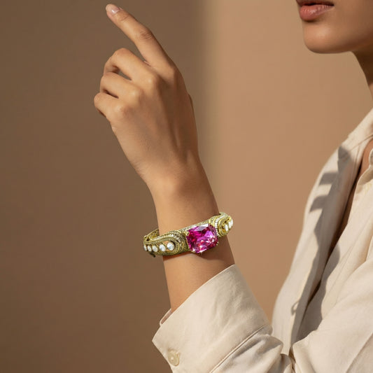 Pink Tourmaline Pearl Diamond Gold Bangle