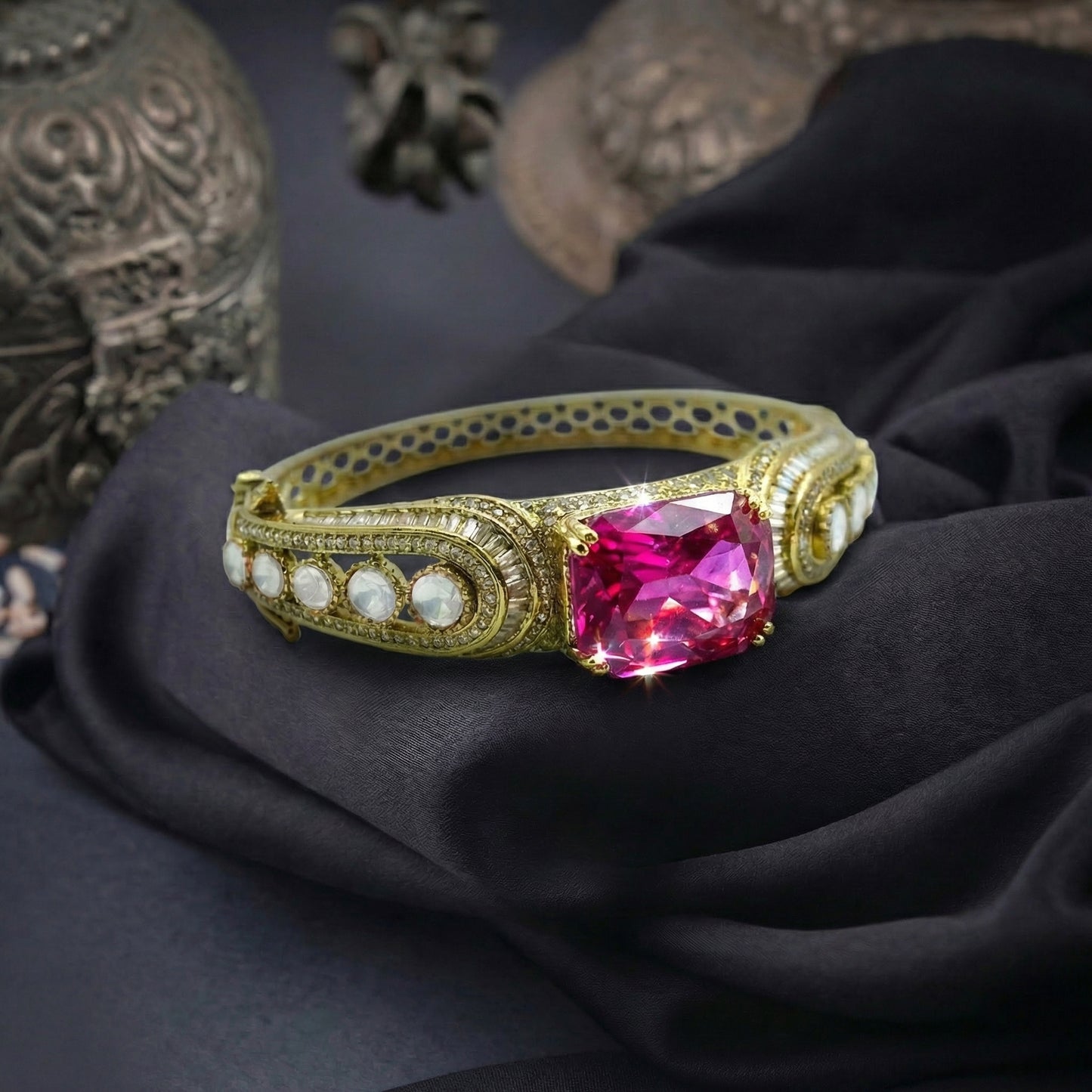 Pink Tourmaline Pearl Diamond Gold Bangle