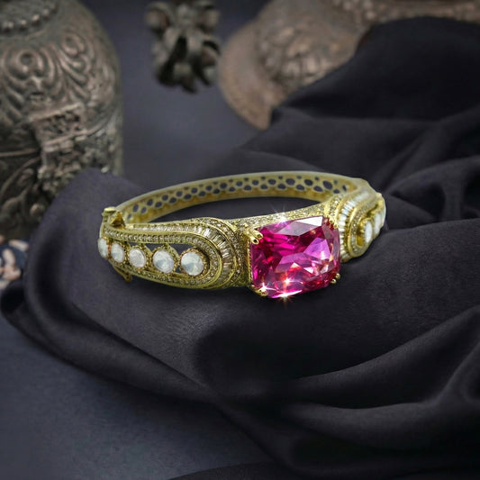 Pink Tourmaline Pearl Diamond Gold Bangle