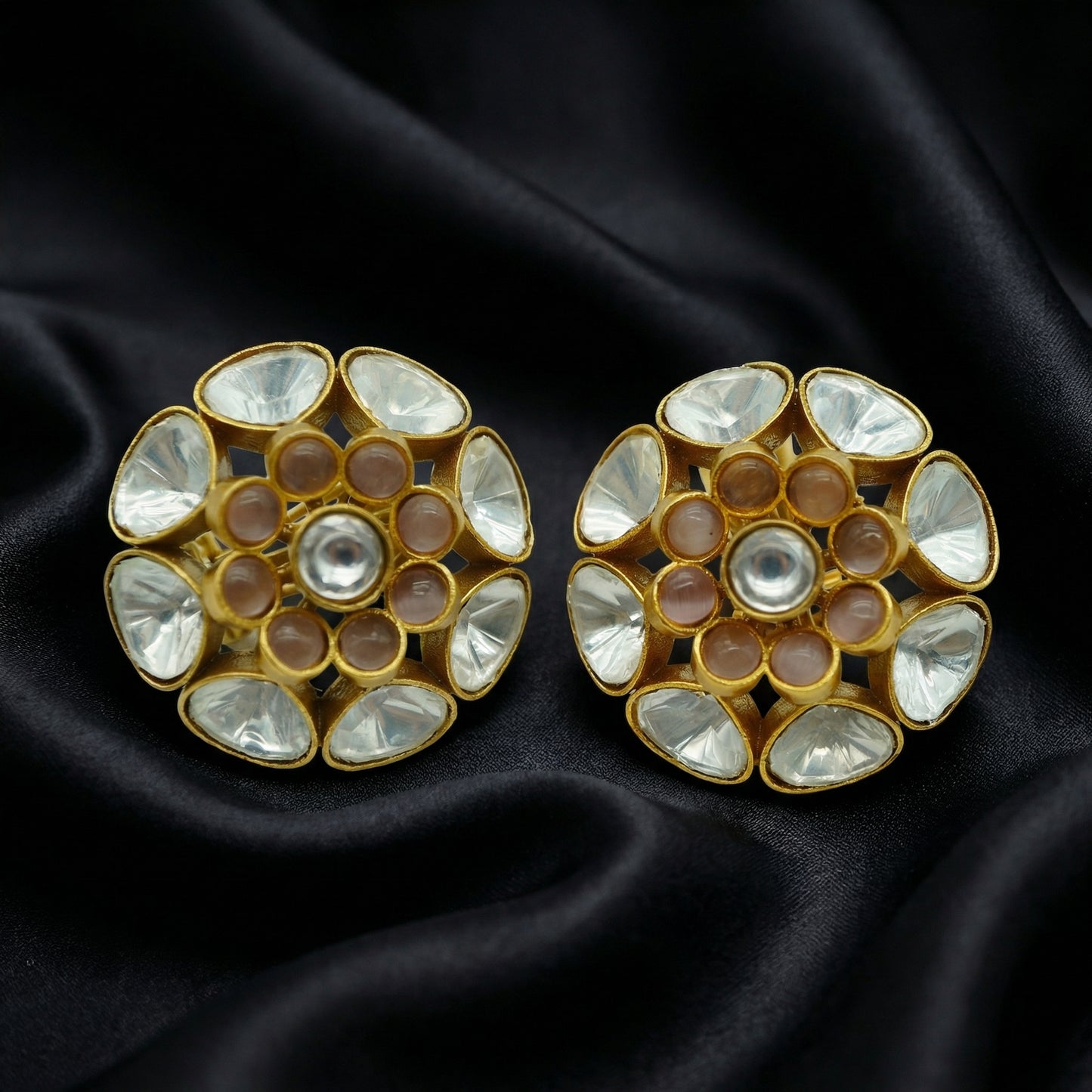Polki Moonstone Floral Gold Stud Earrings