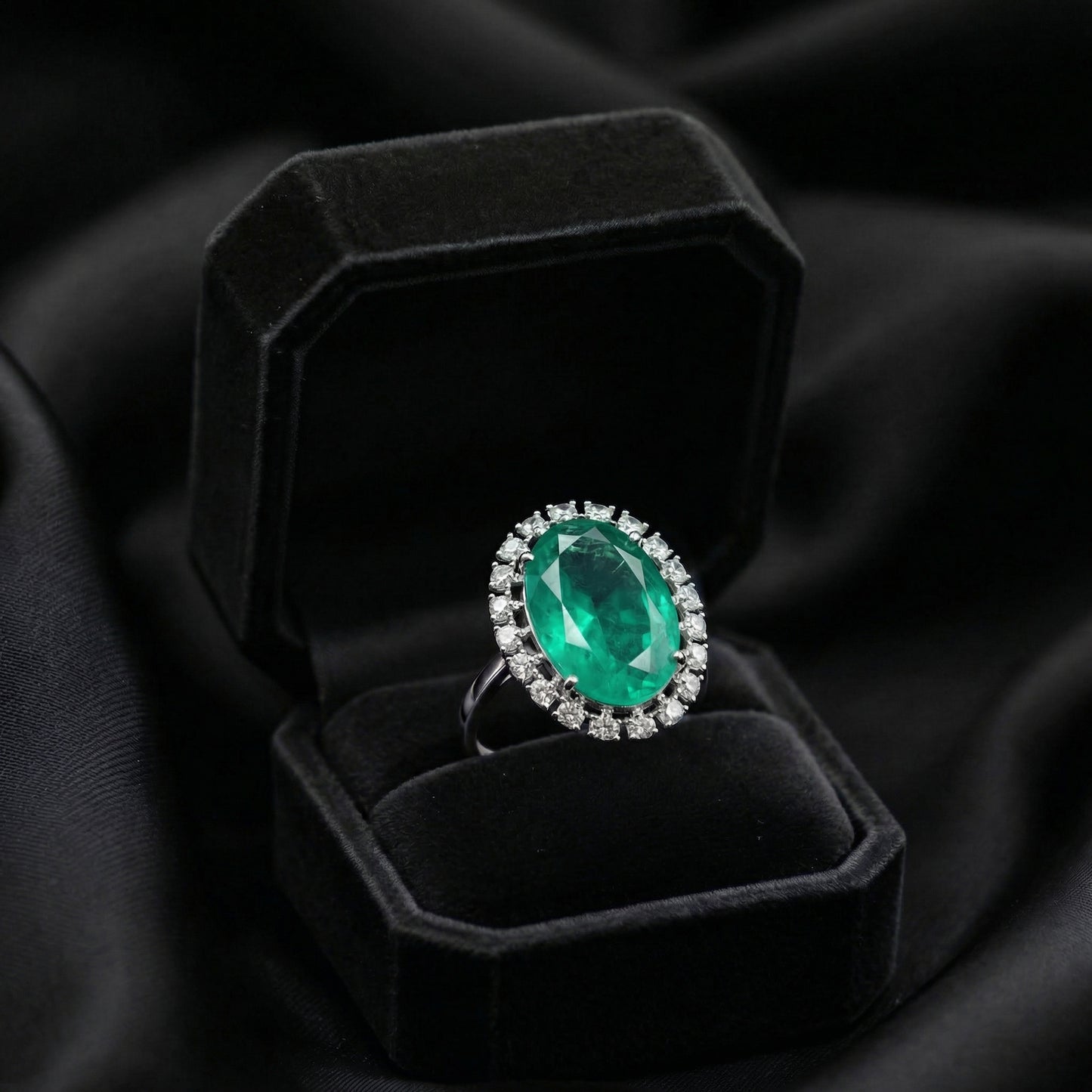 Emerald Oval Diamond Halo Silver Ring