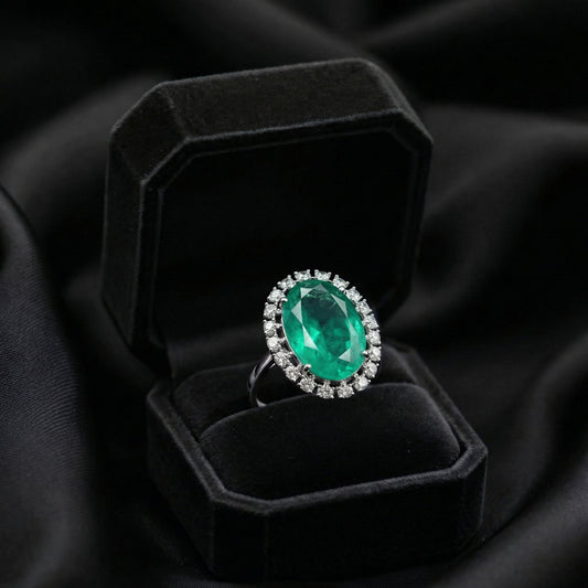 Emerald Oval Diamond Halo Silver Ring