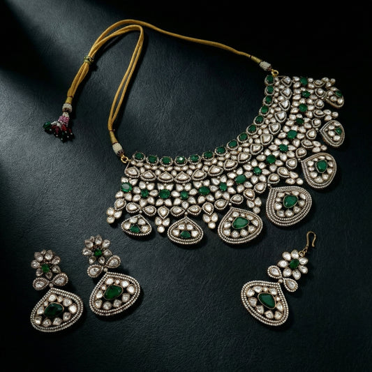 Emerald Polki Victorian Bridal Choker Set