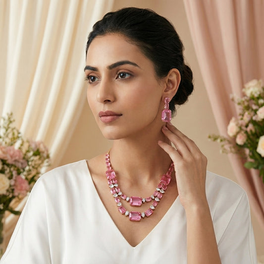 Pink Tourmaline Emerald Cut Gold Necklace Set