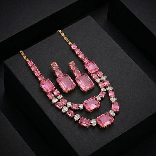 Pink Tourmaline Emerald Cut Gold Necklace Set