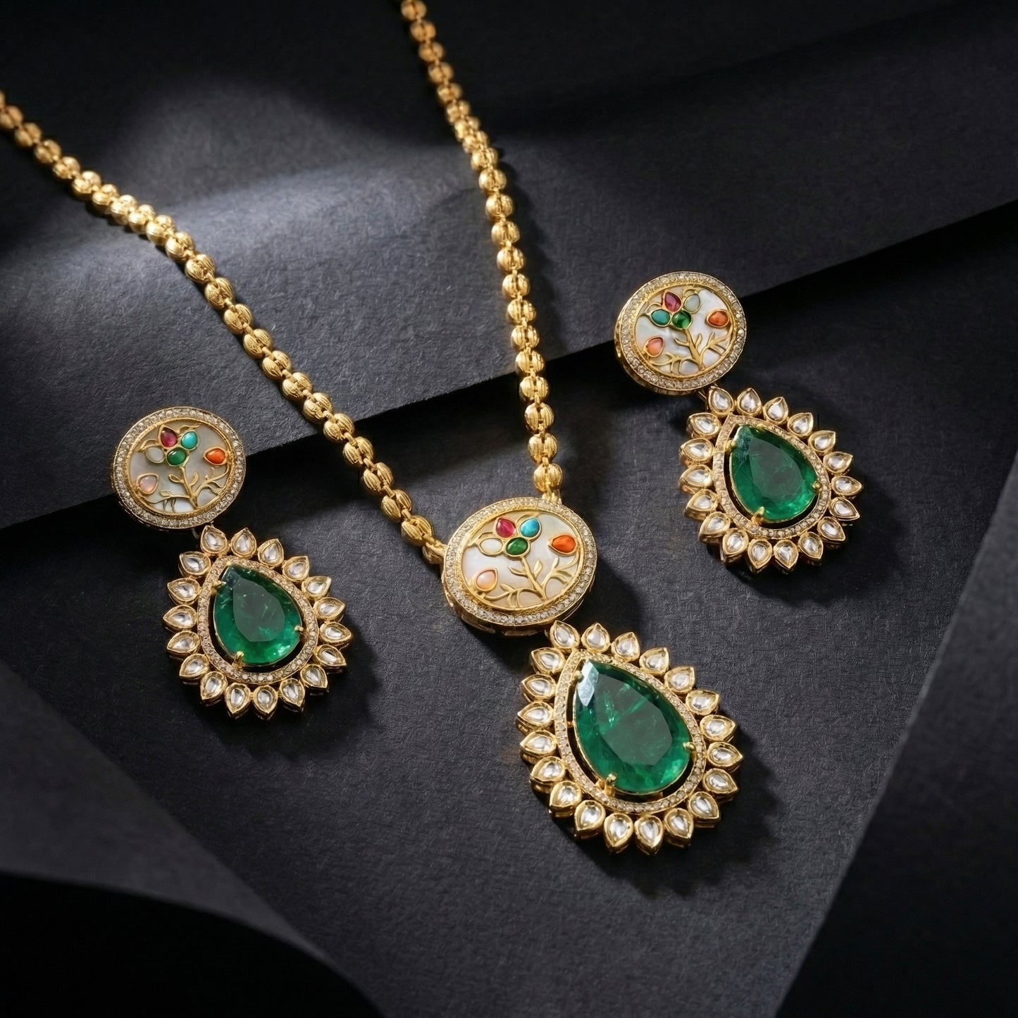 Emerald MOP Pear Meenakari Polki Gold Set