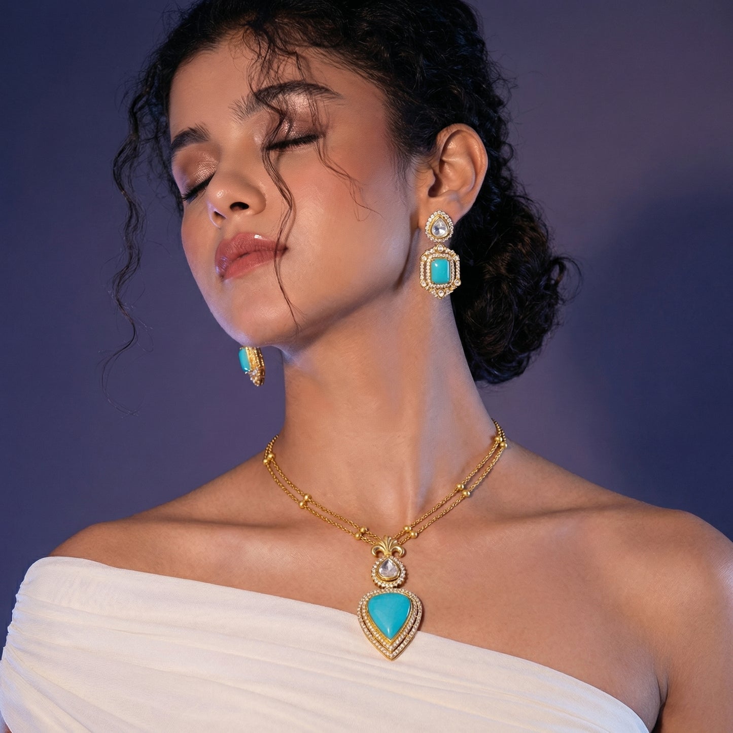 Turquoise Polki Fleur-de-Lis Gold Set