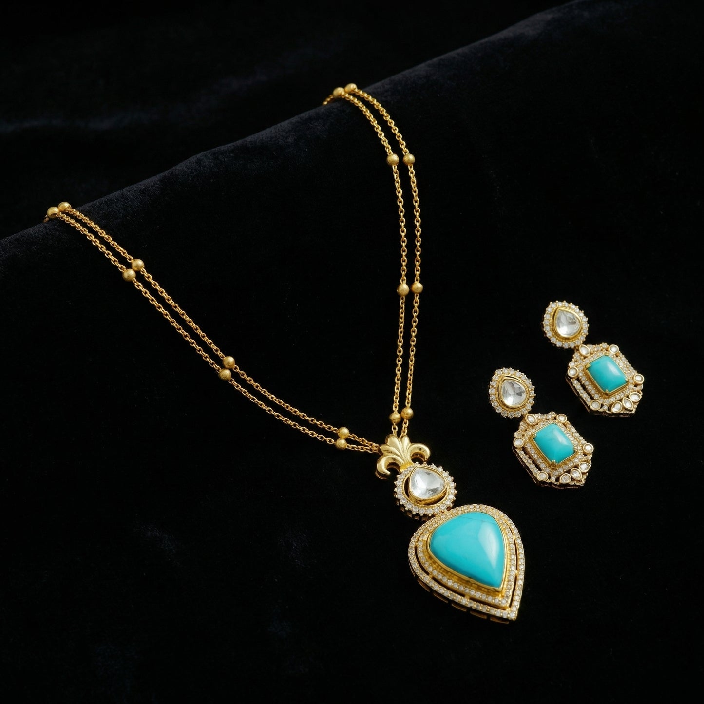 Turquoise Polki Fleur-de-Lis Gold Set