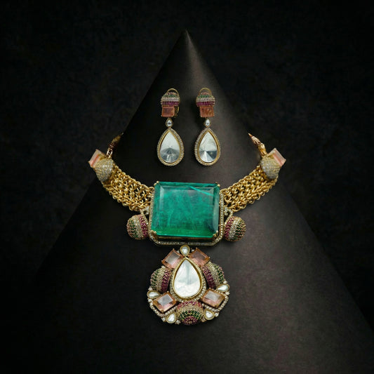 Emerald Slab Polki Morganite Gold Choker Set