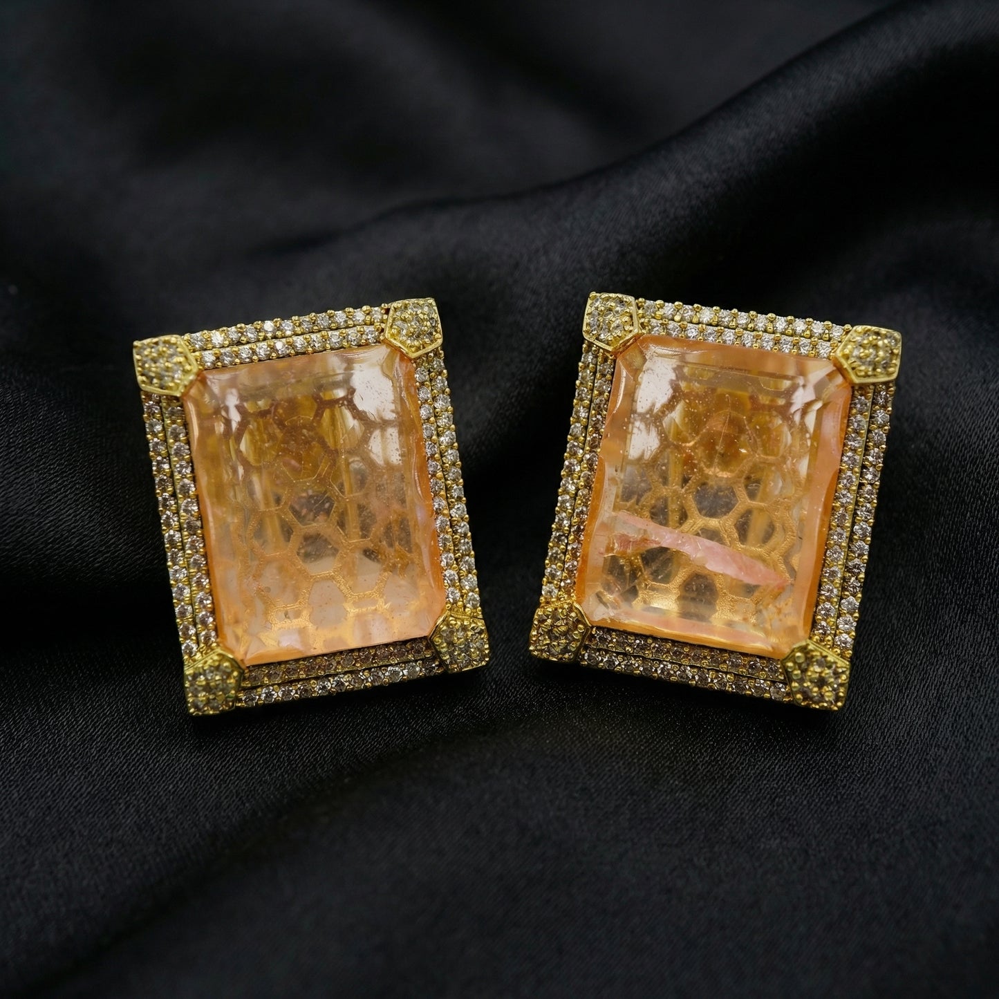 Morganite Slab Diamond Pavé Gold Studs