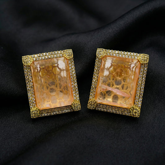 Morganite Slab Diamond Pavé Gold Studs