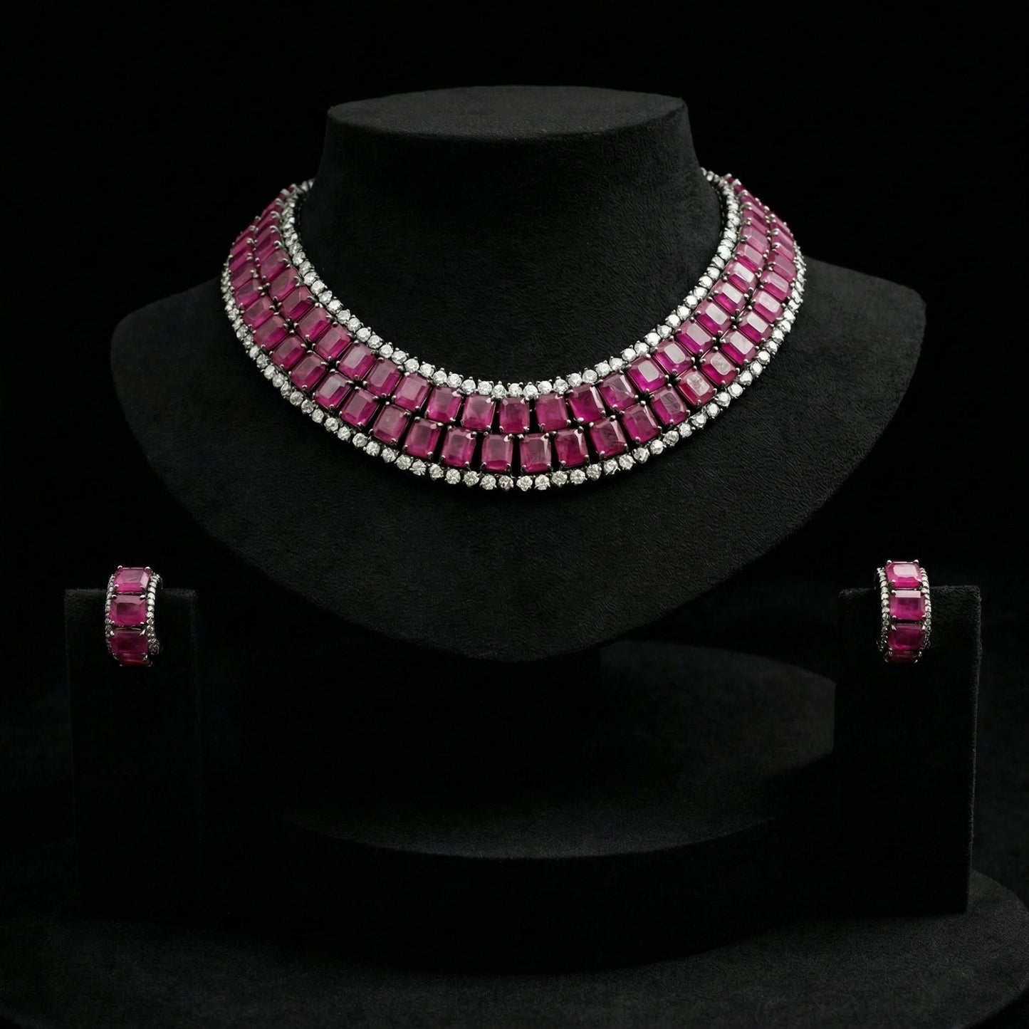 Ruby Baguette Diamond Silver Choker Set