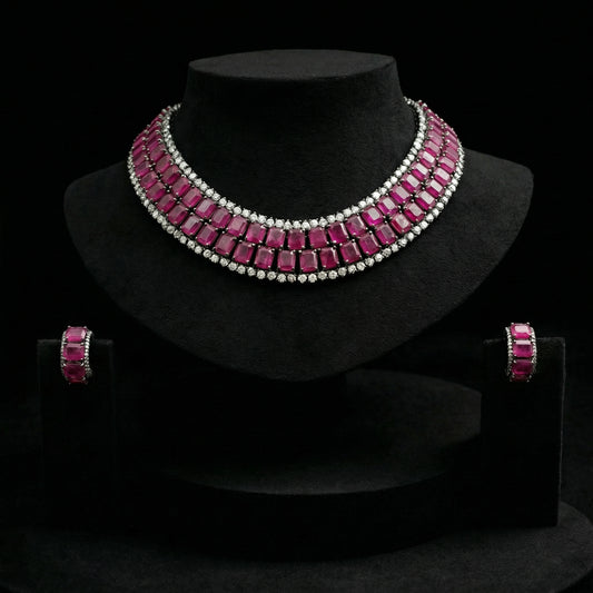 Ruby Baguette Diamond Silver Choker Set